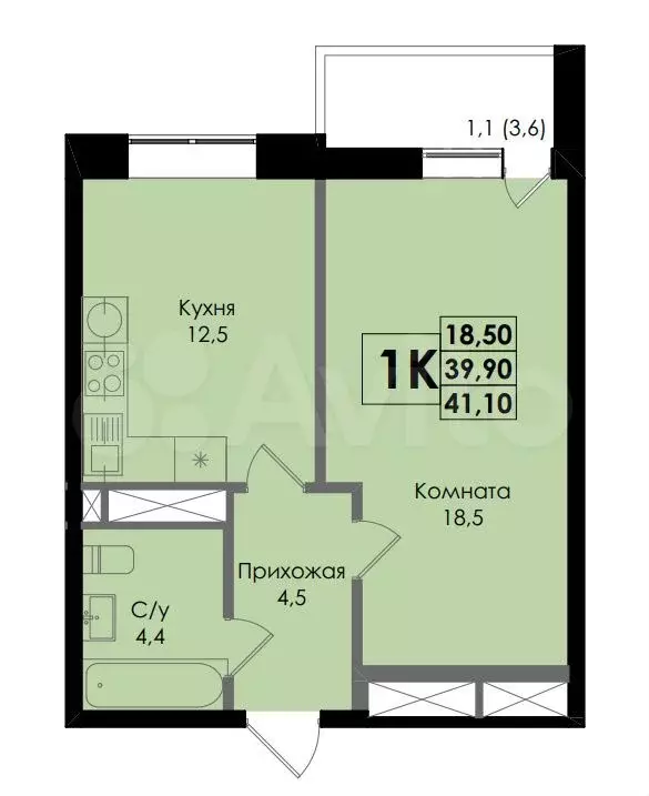1-к. квартира, 41 м, 4/22 эт. - Фото 0