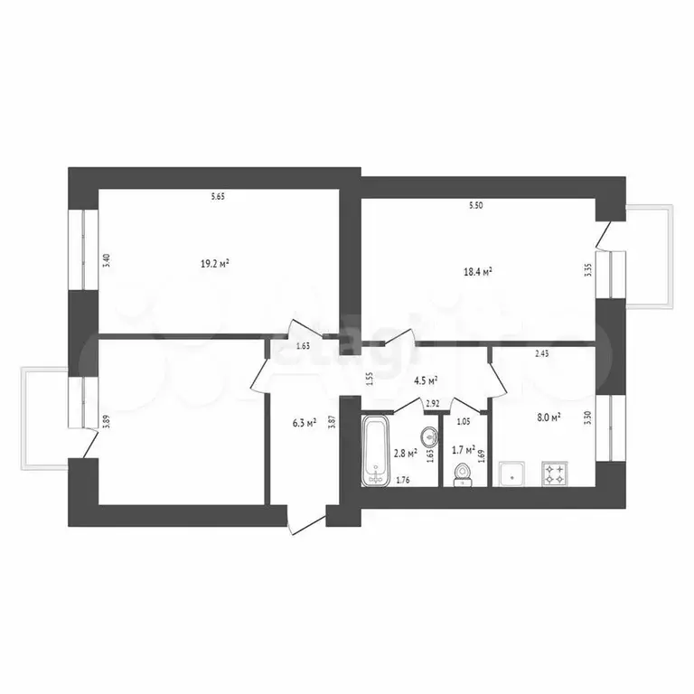 3-к. квартира, 76,4 м, 3/3 эт. - Фото 0