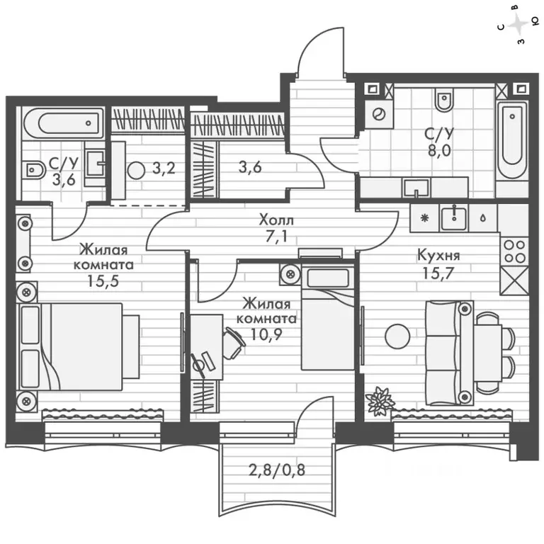 2-к кв. Нижегородская область, Нижний Новгород Черниговская ул. (68.4 ... - Фото 2