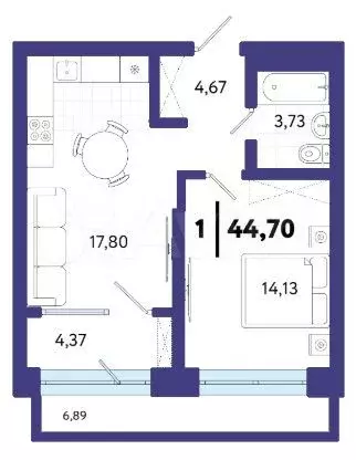 1-к. квартира, 44,7 м, 3/10 эт. - Фото 1