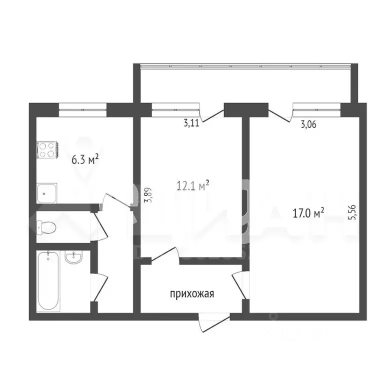 2-к кв. Псковская область, Псков Западная ул., 1 (50.0 м) - Фото 1