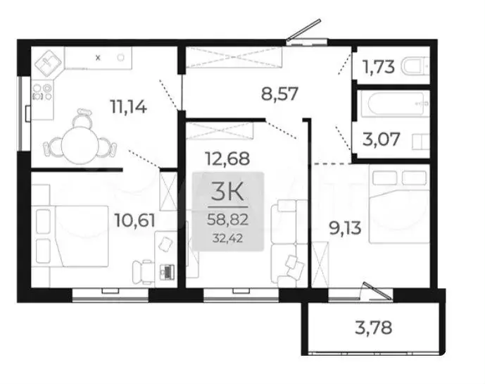 3-к. квартира, 58,8 м, 7/9 эт. - Фото 0