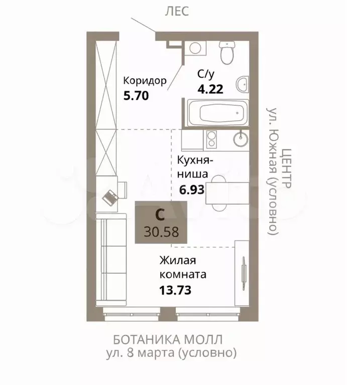 Квартира-студия, 30,6 м, 3/25 эт. - Фото 0