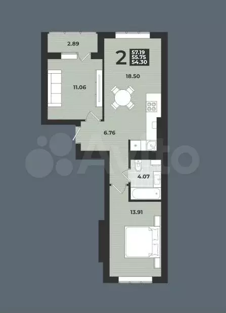 2-к. квартира, 57,2 м, 5/9 эт. - Фото 1