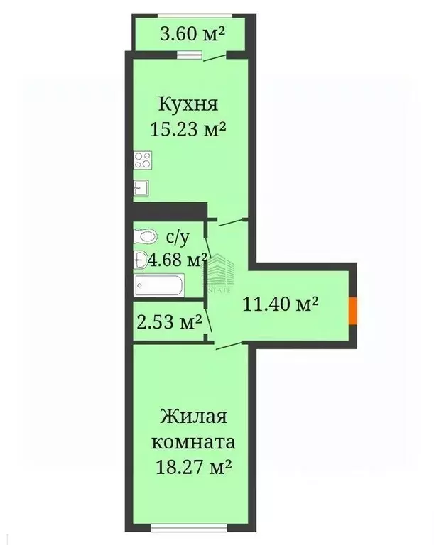 Квартира, 1 комната, 52.62 м - Фото 0
