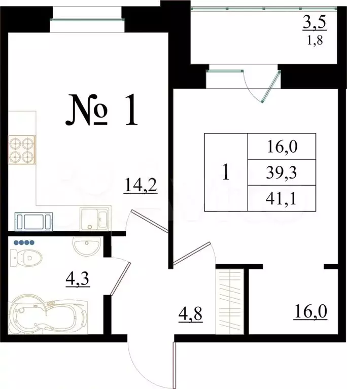 1-к. квартира, 41,1 м, 1/8 эт. - Фото 0