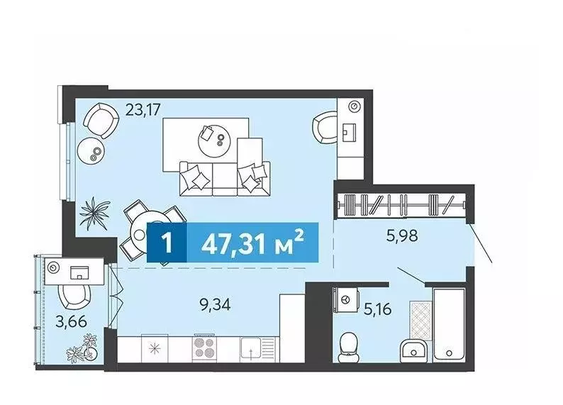 Квартира, 1 комната, 47.31 м - Фото 0