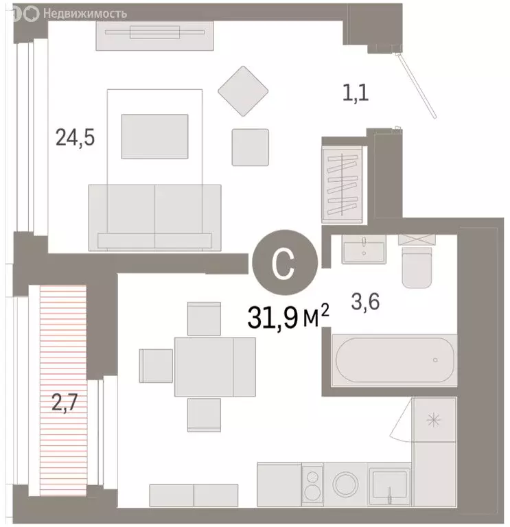 Квартира-студия: Тюмень, улица Павла Фитина, 7 (31.89 м) - Фото 1