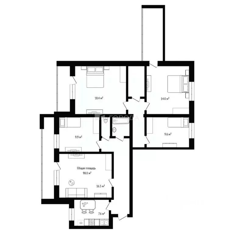 5-к кв. Новосибирская область, Новосибирск ул. Есенина, 10/2 (98.0 м) - Фото 1