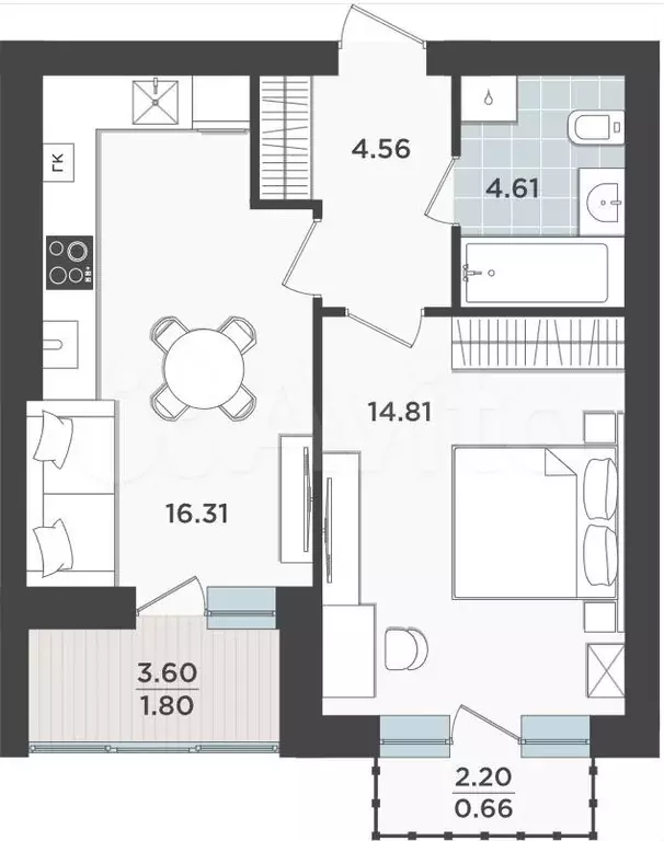 1-к. квартира, 42,8 м, 9/9 эт. - Фото 1