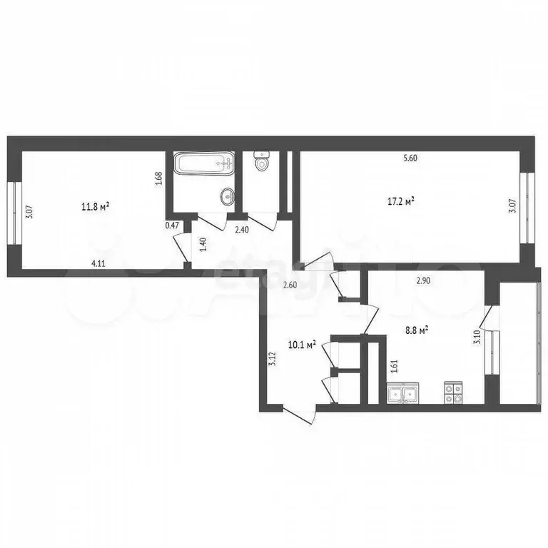 2-к. квартира, 54,1 м, 4/5 эт. - Фото 0