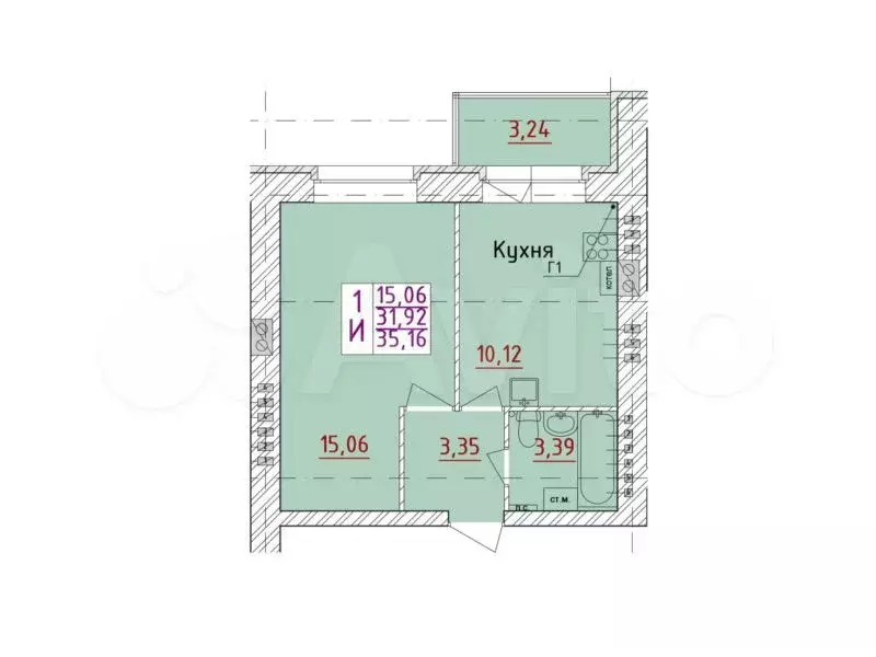 1-к. квартира, 35,2 м, 1/6 эт. - Фото 0