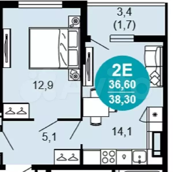Квартира-студия, 38,3 м, 2/17 эт. - Фото 1