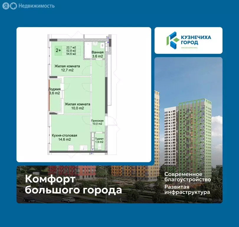 2-комнатная квартира: Нижний Новгород, ЖК Кузнечиха Город (54.6 м) - Фото 1