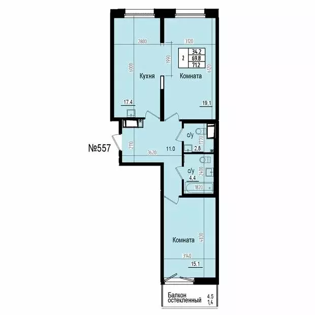 2-комнатная квартира: посёлок Парголово, Ольгинская дорога, 3/20 (71.2 ... - Фото 2