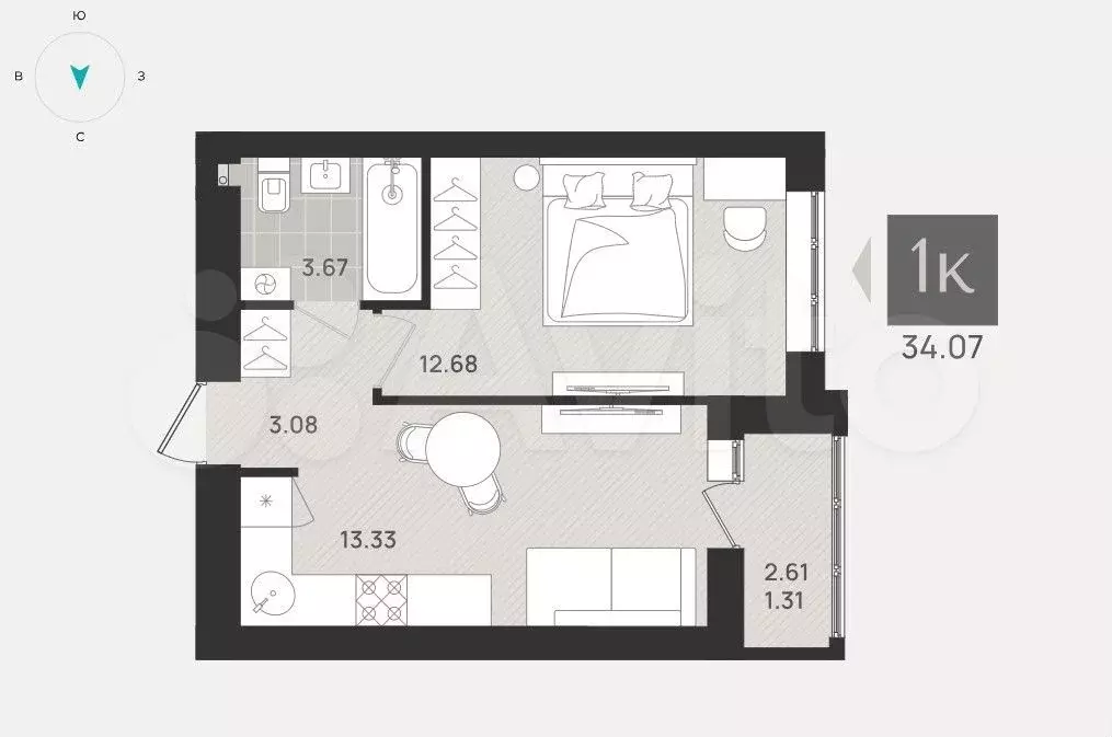 1-к. квартира, 34,1 м, 7/9 эт. - Фото 1