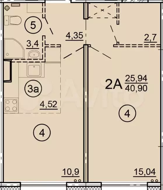 Квартира-студия, 40,9 м, 2/17 эт. - Фото 0