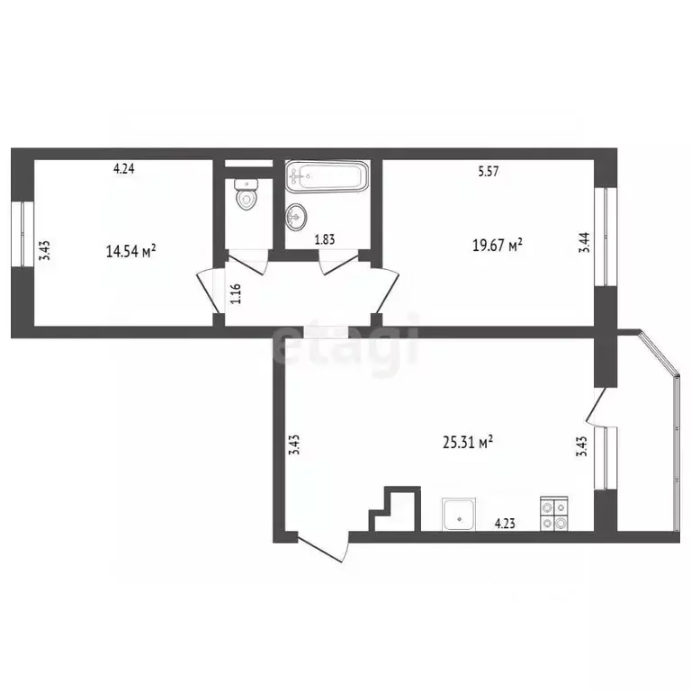 2-к кв. Тюменская область, Тюмень ул. Монтажников, 34 (67.3 м) - Фото 2