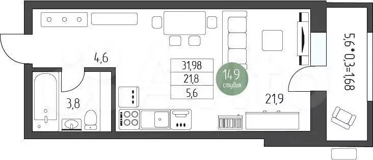 Квартира-студия, 35,9 м, 5/5 эт. - Фото 0