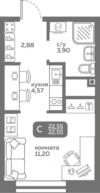 Студия Тюменская область, Тюмень ул. Вадима Бованенко, 10 (22.55 м) - Фото 0