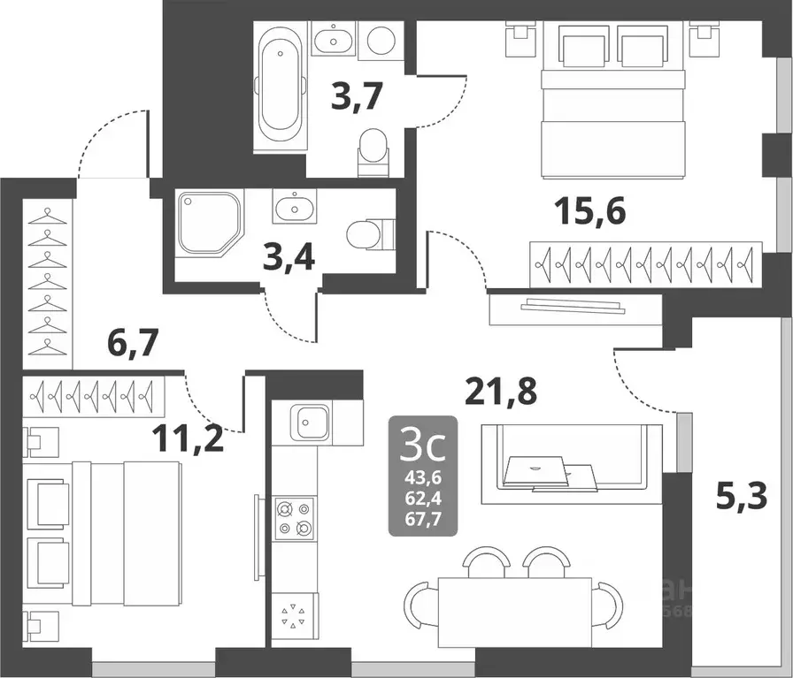 2-к кв. Новосибирская область, Новосибирск Тайгинская ул., с3 (62.4 м) - Фото 0