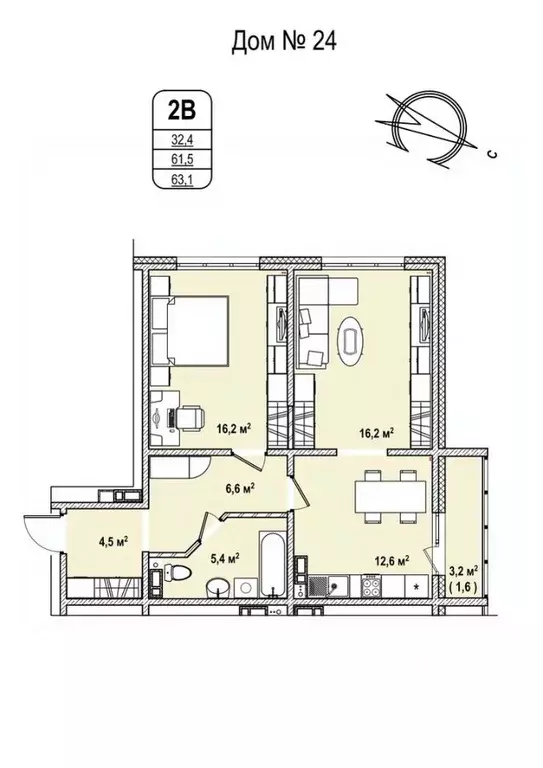 2-к кв. Кемеровская область, Кемерово 68-й мкр,  (63.1 м) - Фото 0