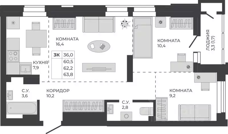 3-к кв. Алтайский край, Барнаул тракт Павловский, 251Б (62.2 м) - Фото 1