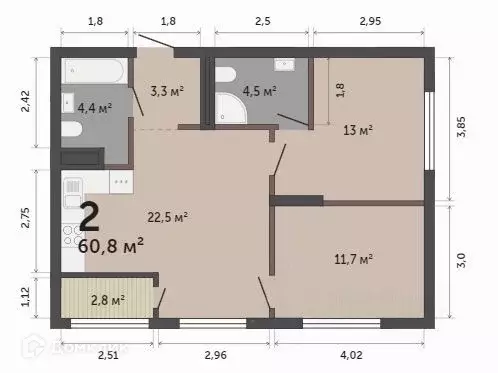 Продаётся 2-к квартира, 60.8 м - Фото 0