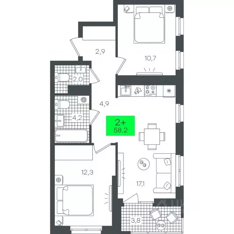 2-к кв. Тюменская область, Тюмень ул. Василия Малкова, 19 (60.21 м) - Фото 0