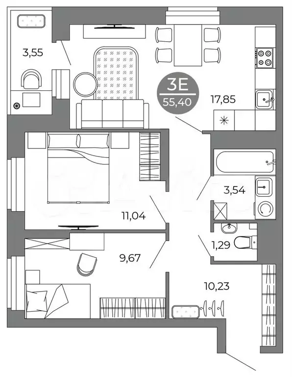 3-к. квартира, 55,4 м, 22/25 эт. - Фото 1