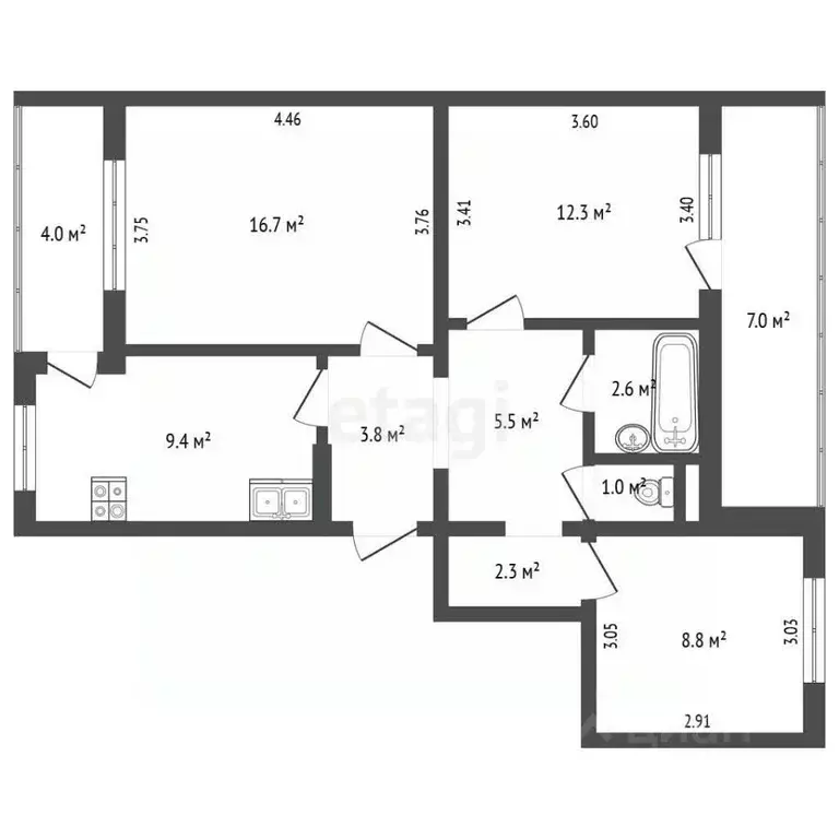 3-к кв. Севастополь ул. Александра Маринеско, 4Б (73.4 м) - Фото 2