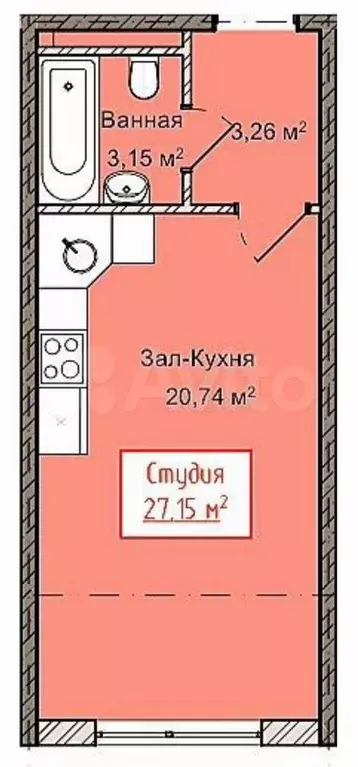 Квартира-студия, 27,2 м, 3/8 эт. - Фото 1