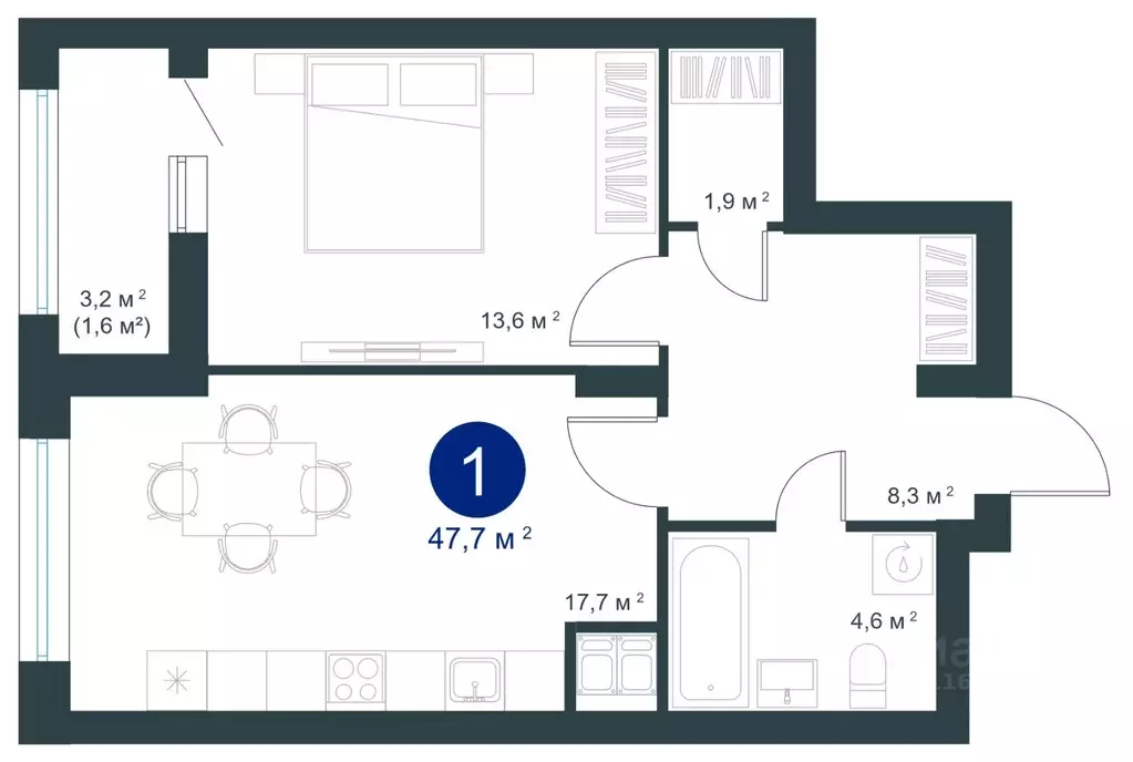 1-к кв. Воронежская область, Воронеж ул. Ворошилова, 19 (47.7 м) - Фото 1