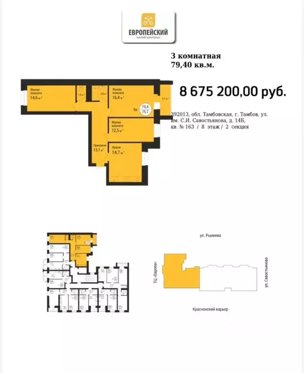 3-к кв. Тамбовская область, Тамбов Телецентр мкр, Европейский-2 жилой ... - Фото 1