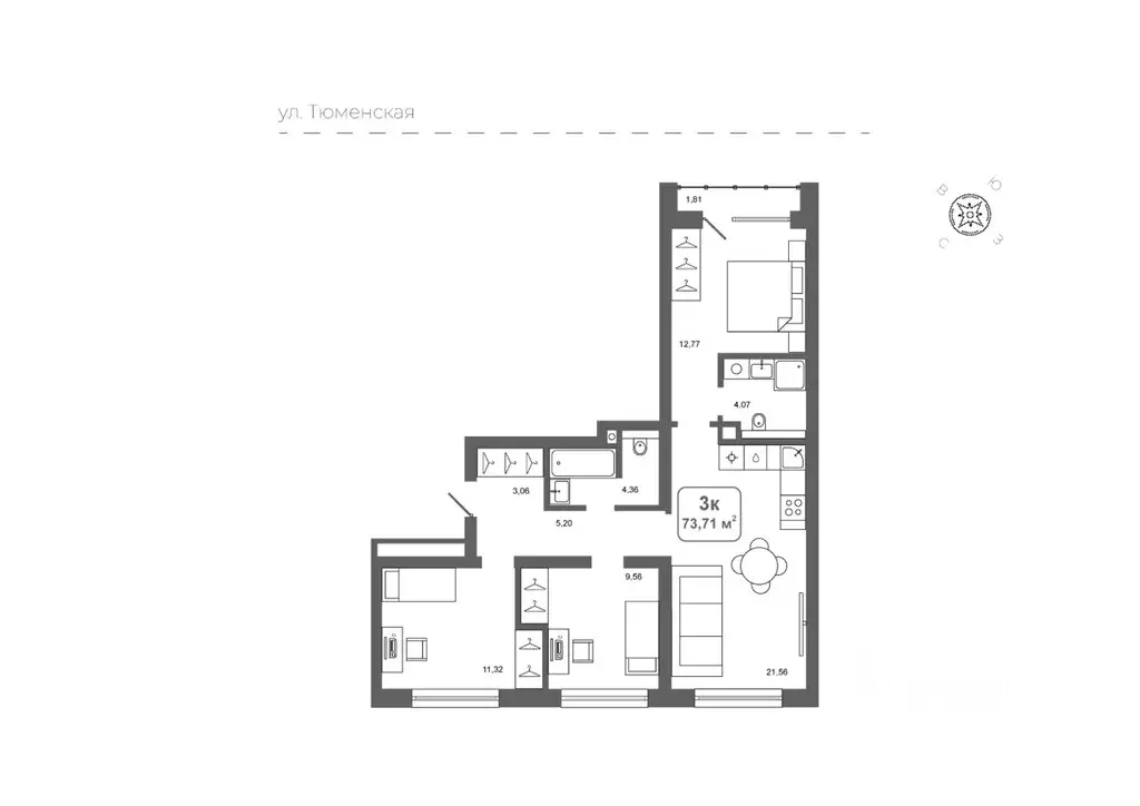3-к кв. Тюменская область, Тюменский район, д. Дударева Родина-2 жилой ... - Фото 1
