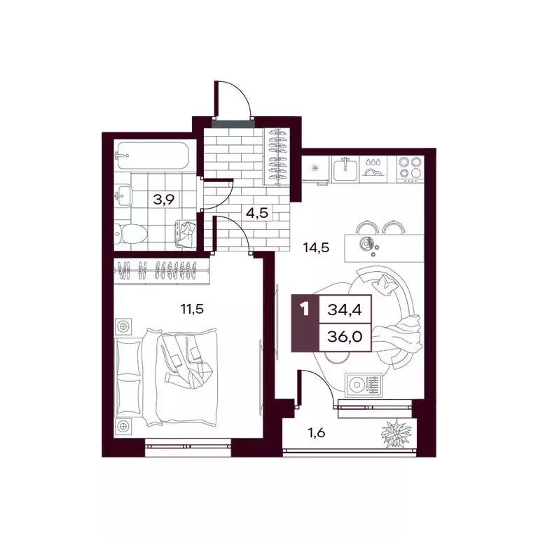 1-комнатная квартира: Дударева, ЖК Макс (35.71 м) - Фото 1