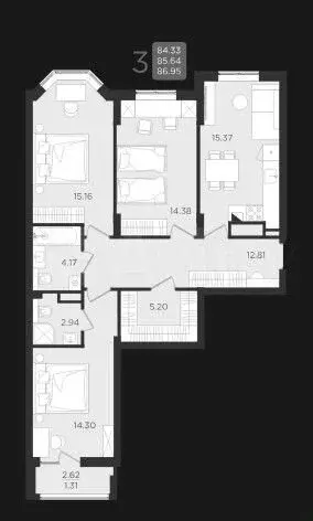 3-к. квартира, 85,6 м, 6/9 эт. - Фото 1