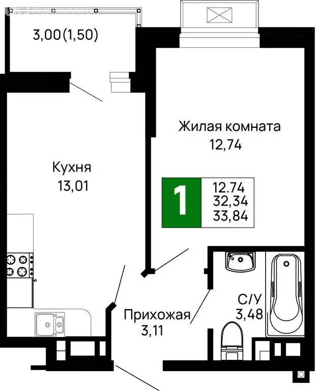 1-комнатная квартира: Майкоп, район Аэродрома (33.84 м) - Фото 0