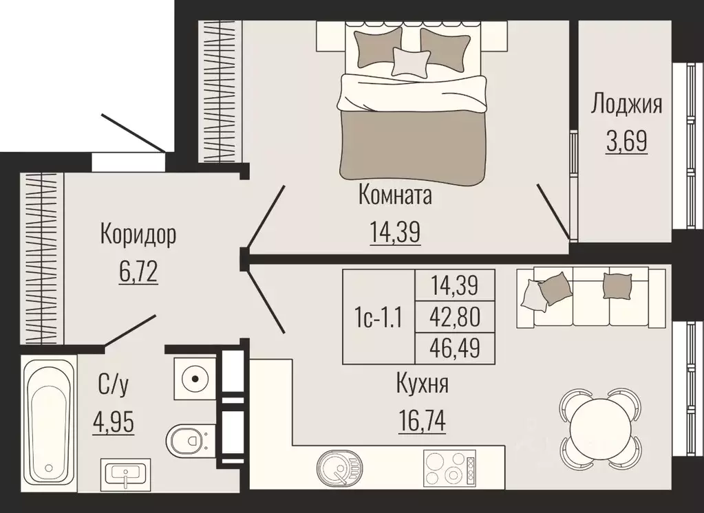 1-к кв. Ставропольский край, Ставрополь № 23 мкр,  (46.49 м) - Фото 1