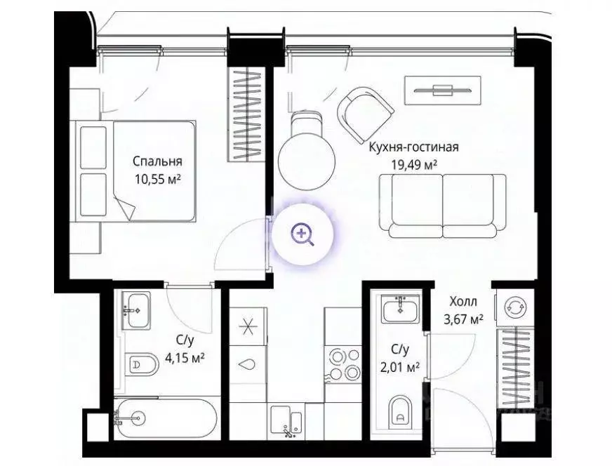 Квартира, 1 комната, 39.86 м - Фото 2