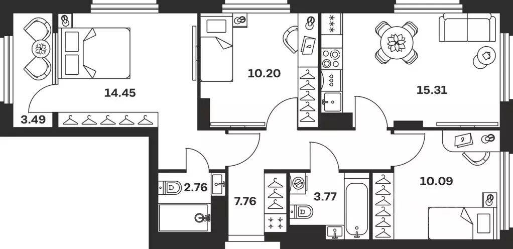 3-к кв. Тульская область, Тула Баташи Парк жилой комплекс (67.83 м) - Фото 1