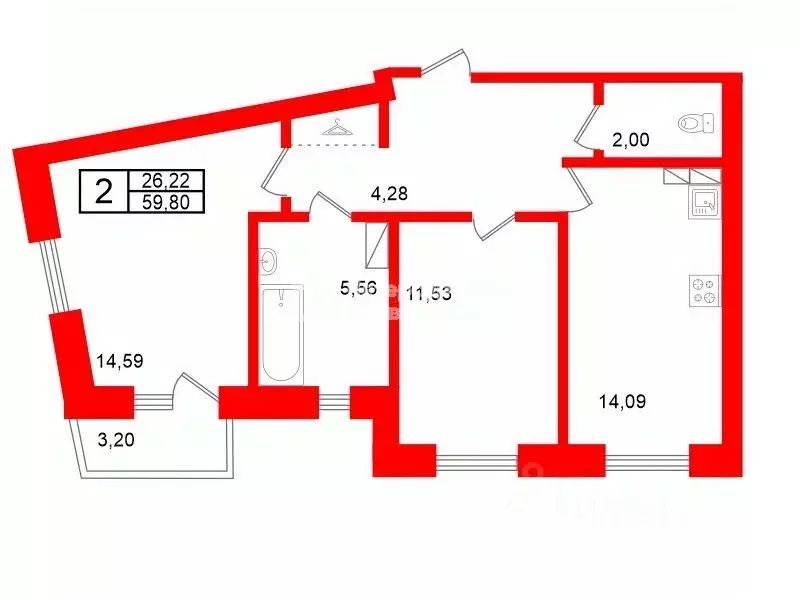 2-к кв. Санкт-Петербург просп. Юнтоловский, 49к1 (59.8 м) - Фото 2