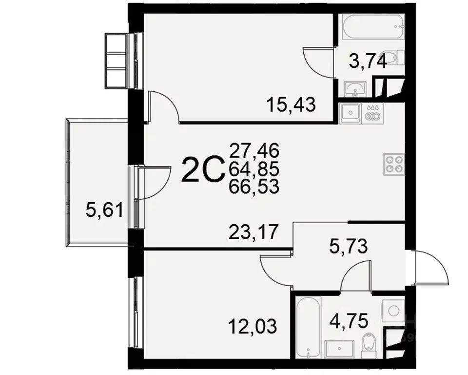 2-к кв. Тульская область, Тула Пушкинская ул., 2Г (64.85 м) - Фото 0