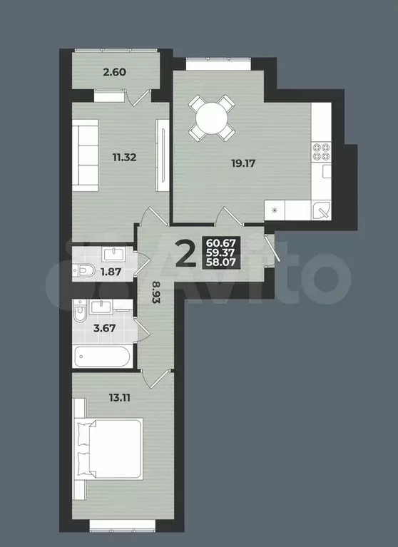 2-к. квартира, 60,7 м, 3/9 эт. - Фото 1