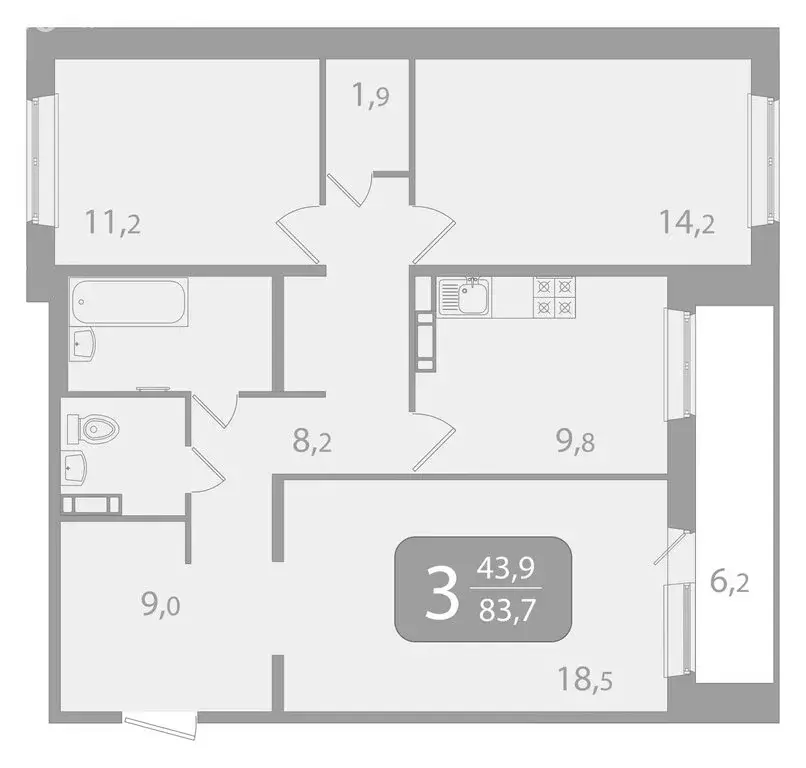3-комнатная квартира: Томск, улица Пришвина, 50 (83.74 м) - Фото 1