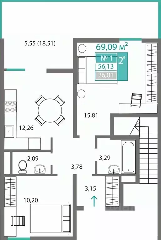 2-к кв. Крым, Симферополь ул. Александра Захарченко (56.13 м) - Фото 0