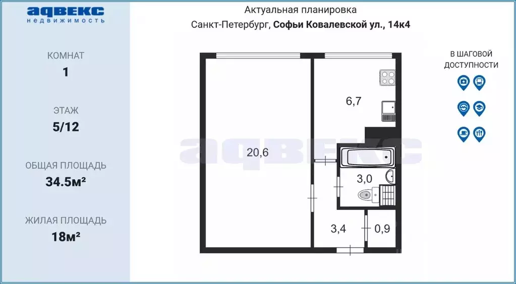 1-к кв. Санкт-Петербург ул. Софьи Ковалевской, 14К4 (34.5 м) - Фото 1