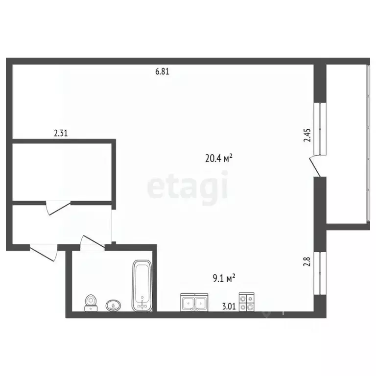 Студия Калужская область, Калуга ул. Суворова, 38 (40.5 м) - Фото 2