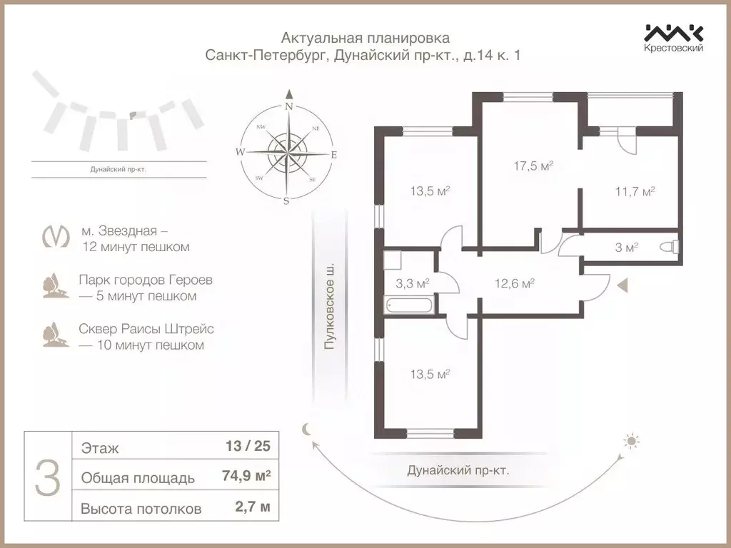 3-к кв. Санкт-Петербург Дунайский просп., 14к1 (74.2 м) - Фото 1