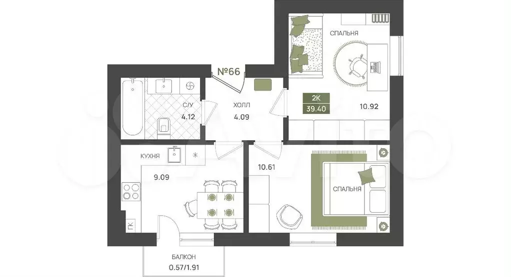 2-к. квартира, 39,4 м, 3/5 эт. - Фото 1